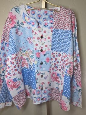 Patchwork Floral Polka Dot Oversized Button-Front Sweater Cardigan in Pink Blue